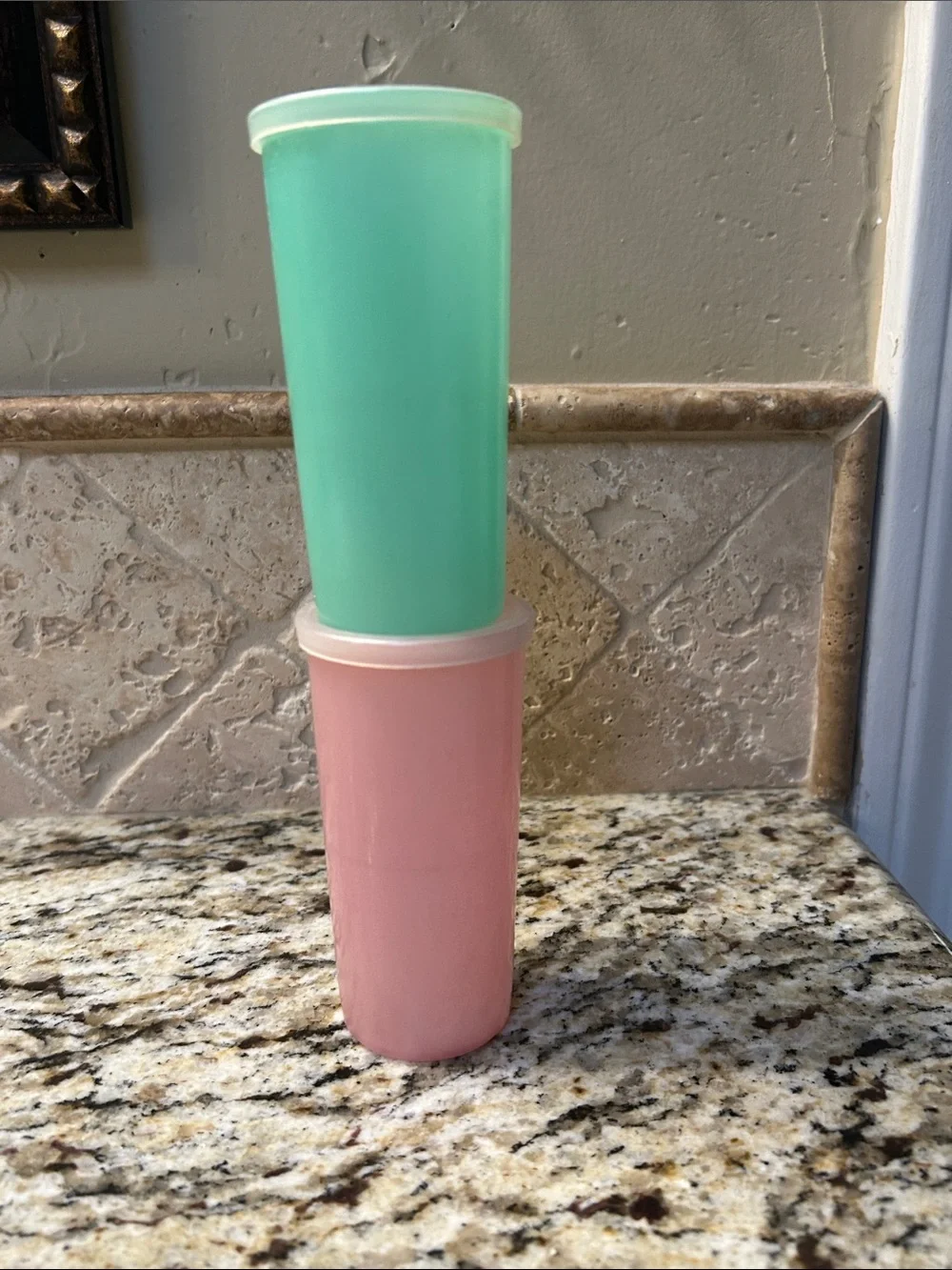Vintage Tupperware Pink and Teal Tall Storage Cups with Lids